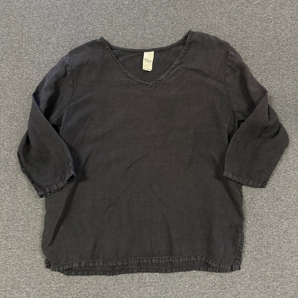 Modern Match Point Linen V-Neck Top Womens Small Black Good 3/4 Sleeve Lagenlook
